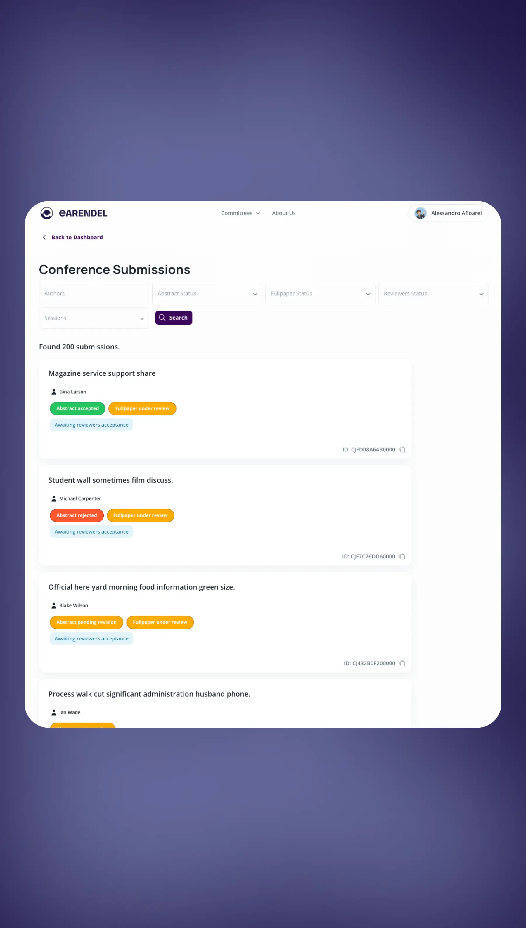 Submissions overview dashboard